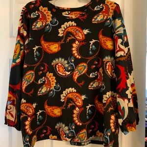 Chicos Women’s XL Paisley Print Knit Top Blouse 3/4 Sleeve Black Multicolor Boho